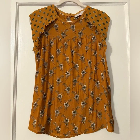 Floral Mustard Orange Top LOFT Size Small - Picture 1 of 4